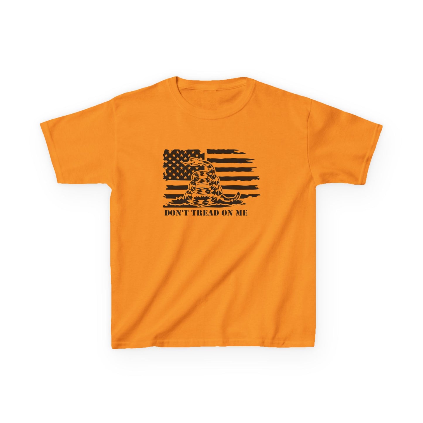 Orange t-shirt with a black graphic and text on a white background