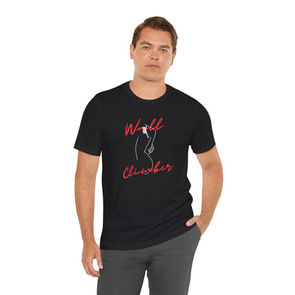 Man wearing a black t-shirt with text on a white background