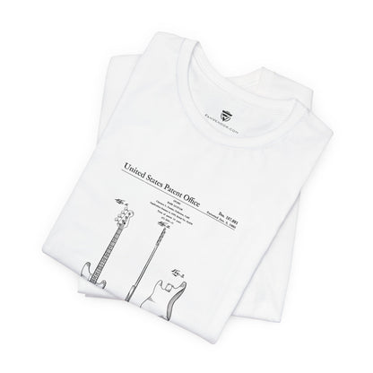 White t-shirt with black graphic design on a white background