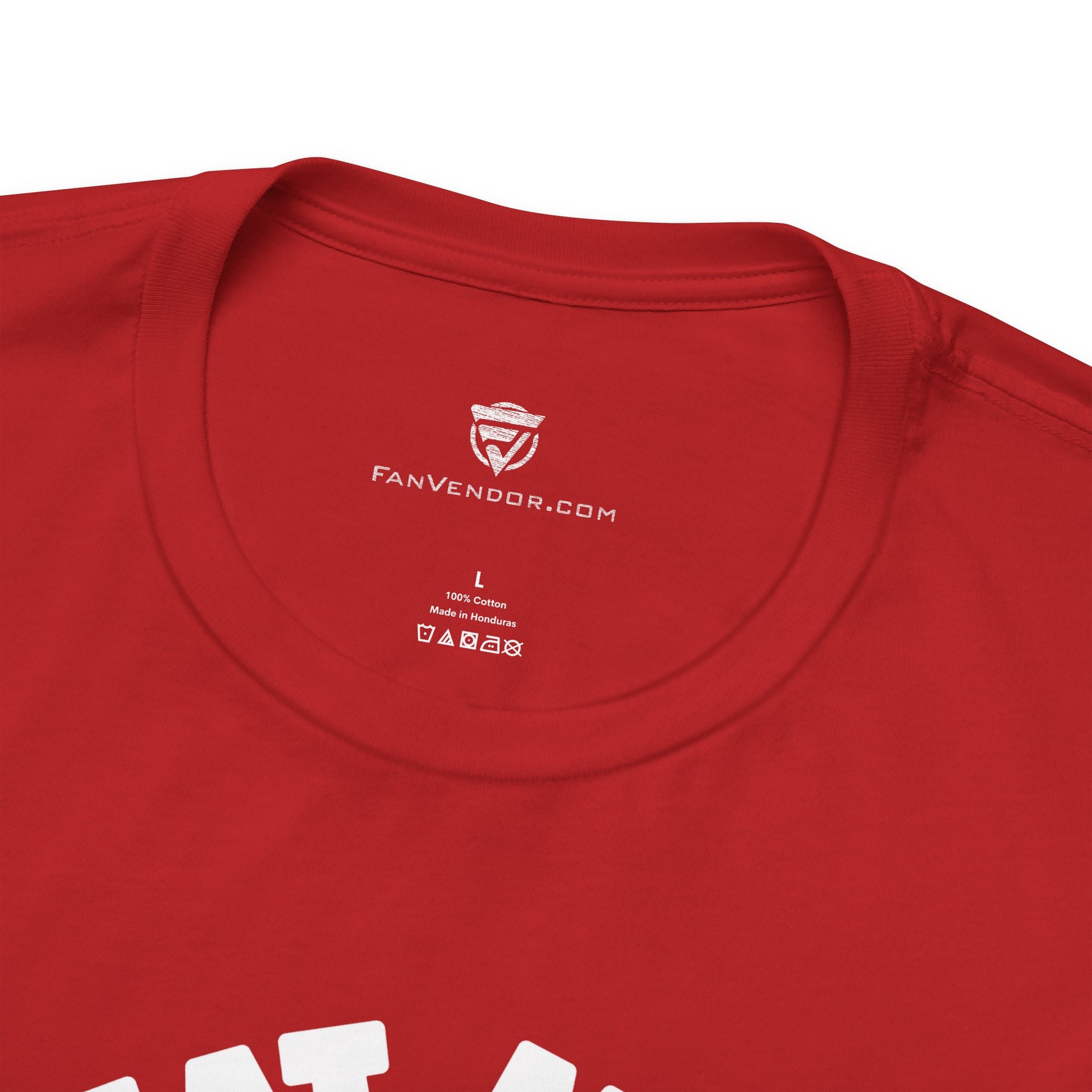 Red t-shirt with logo and text on a white background