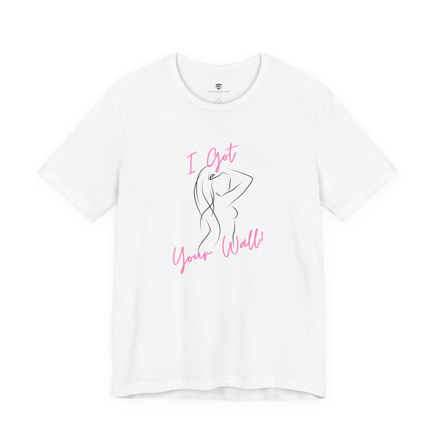 White t-shirt with pink graphic and text on a white background