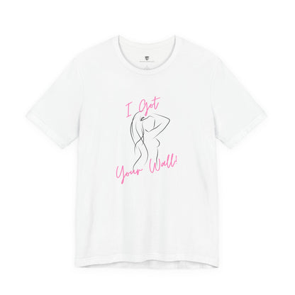 White t-shirt with pink graphic and text on a white background