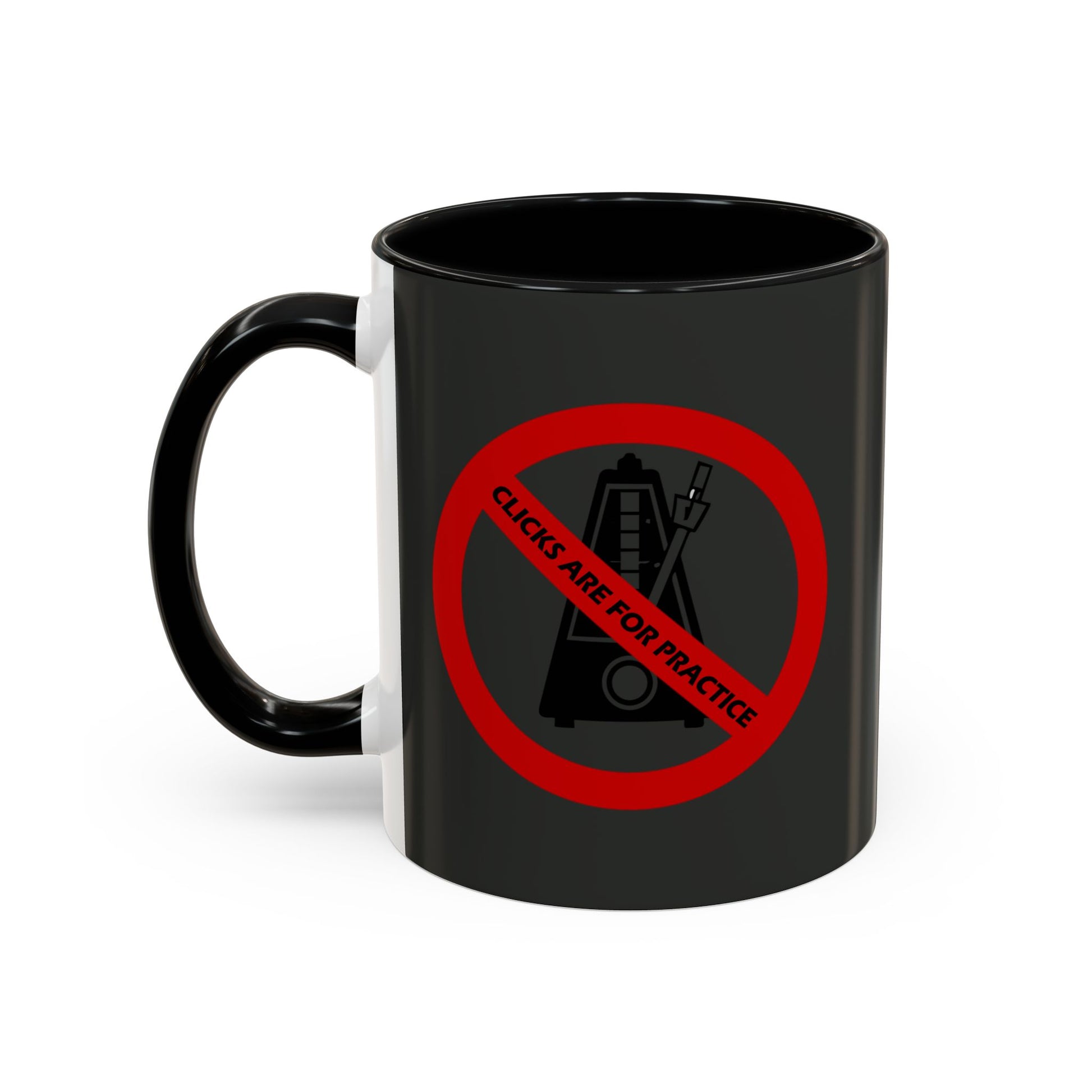 Black mug with a red prohibition sign and text on a white background