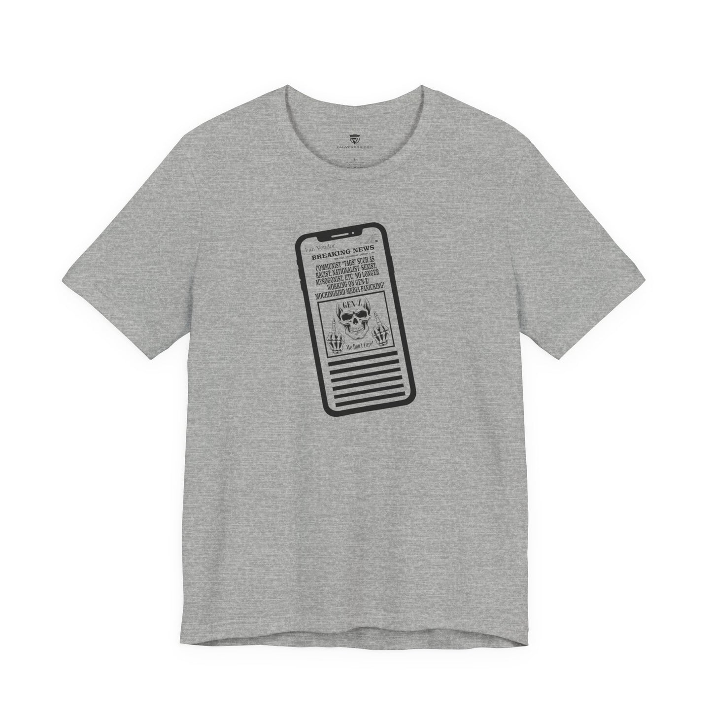 Gray t-shirt with a graphic design on a white background