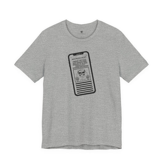 Gray t-shirt with a graphic design on a white background