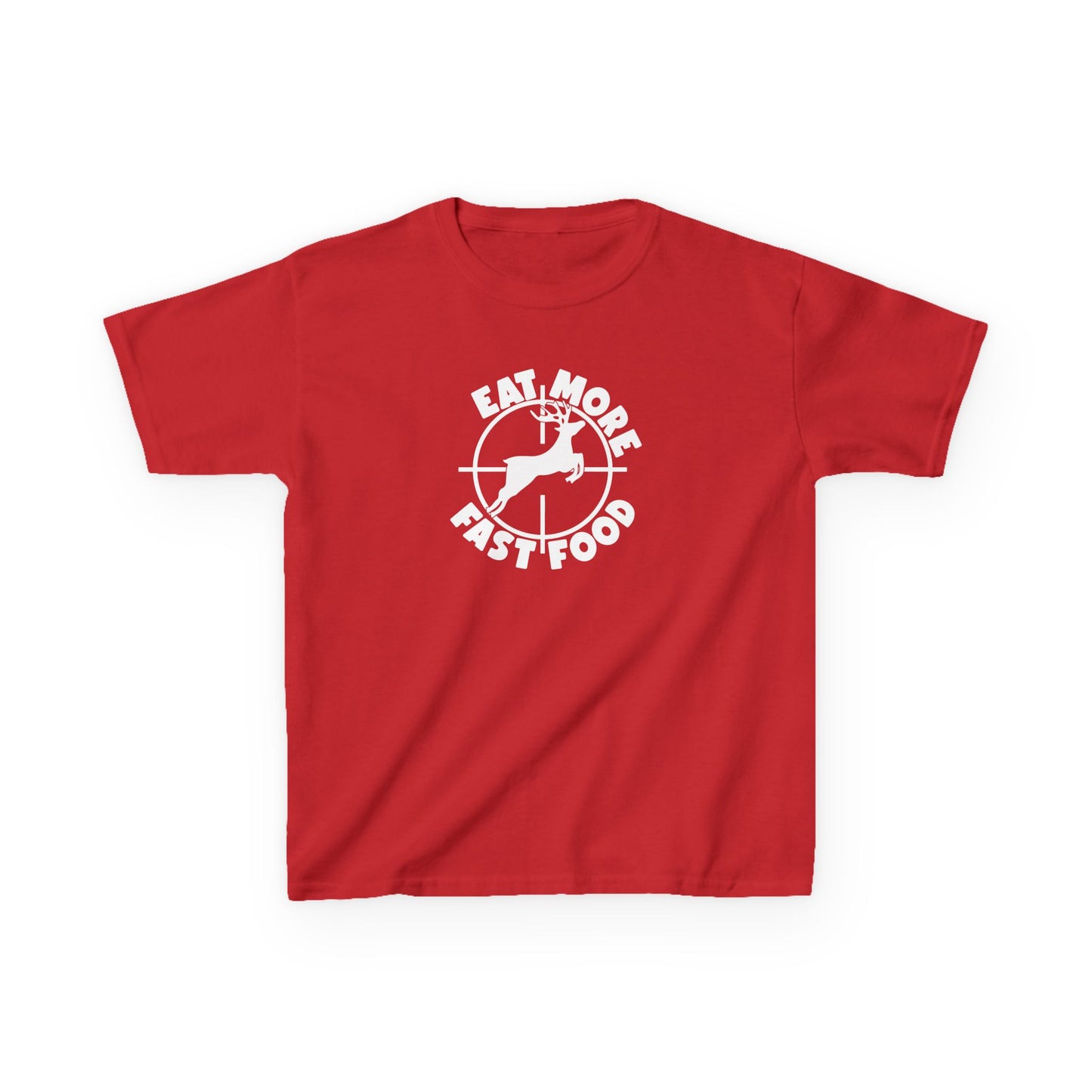 Red t-shirt with white graphic and text on a white background