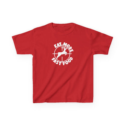 Red t-shirt with white graphic and text on a white background