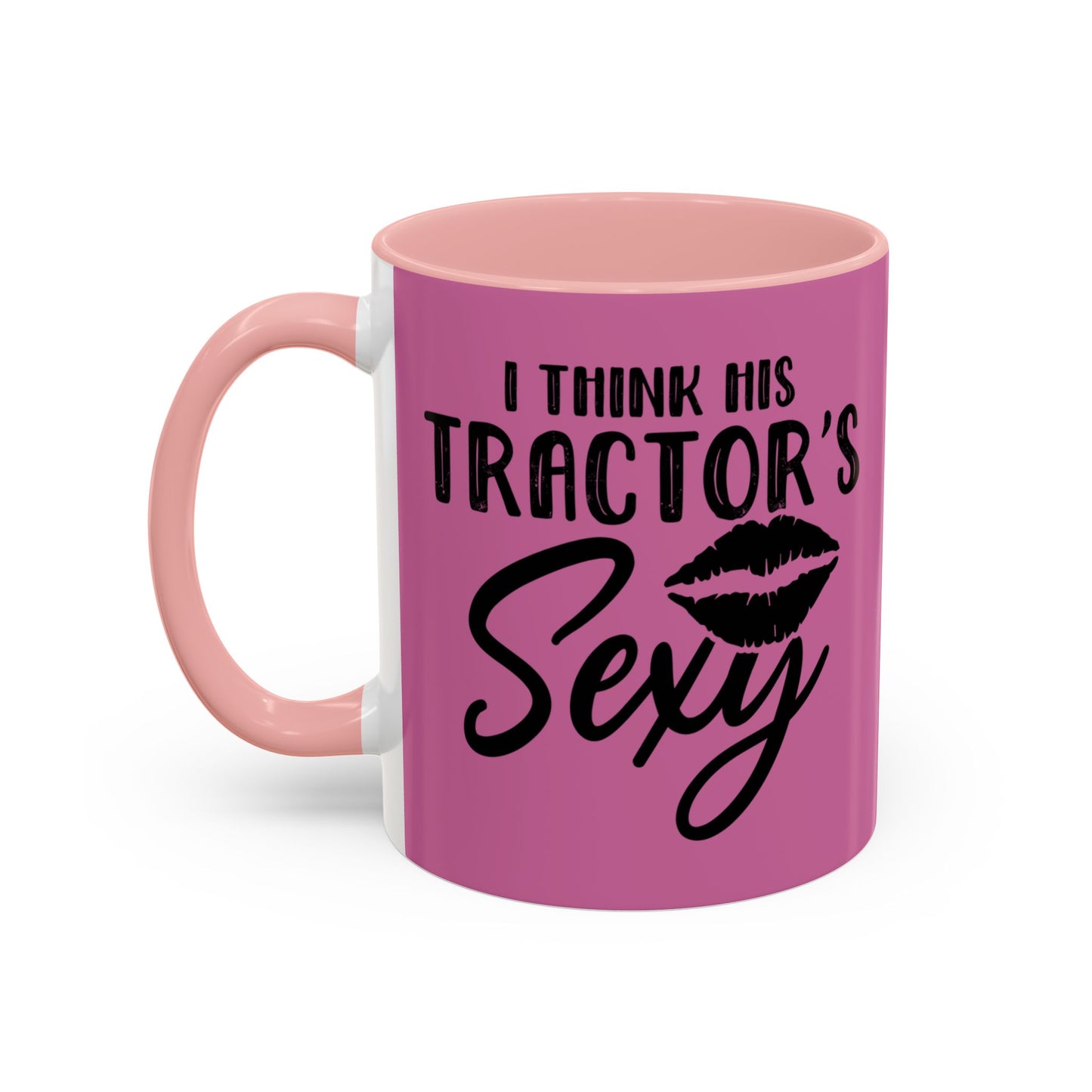 Pink mug with text on a white background.