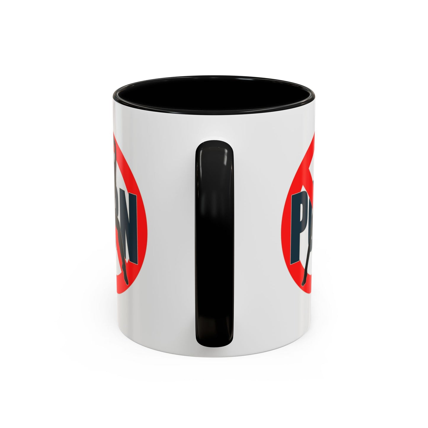 White mug with black interior and handle, featuring a red and black design