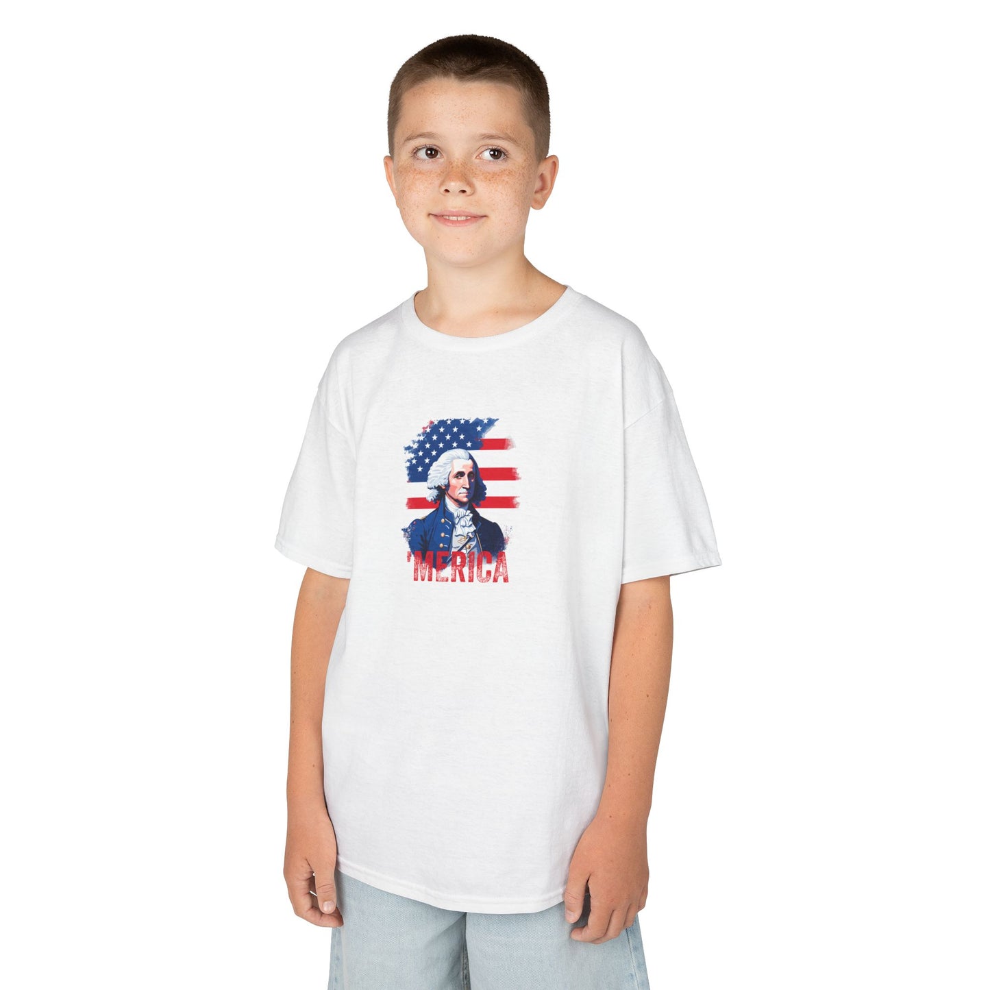 Child wearing a white t-shirt with a graphic design on a white background