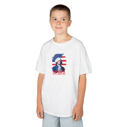 Child wearing a white t-shirt with a graphic design on a white background