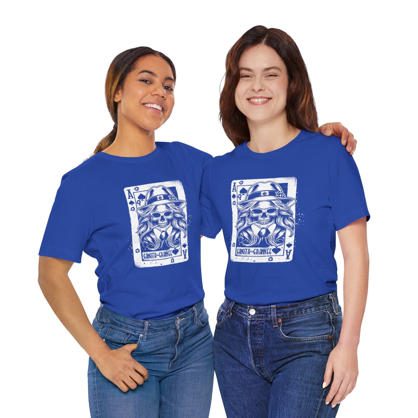 Two people wearing blue t-shirts with a graphic design on a white background