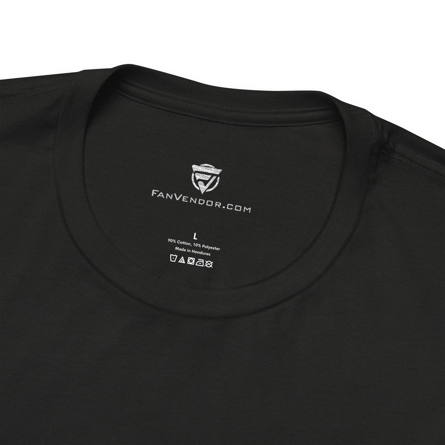 Black t-shirt with 'FanVendor.com' logo and text on a white background