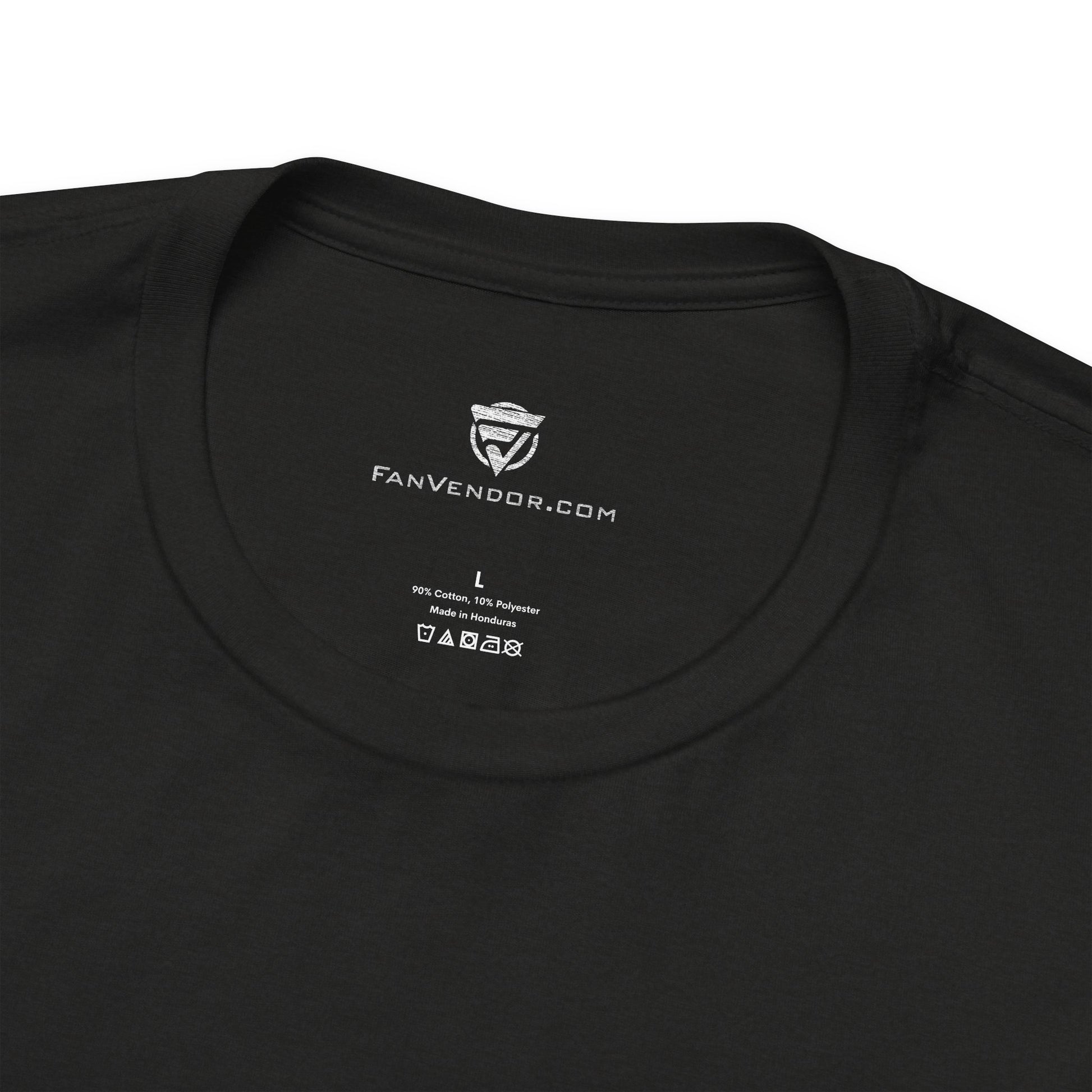 Black t-shirt with 'FanVendor.com' logo and text on a white background