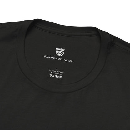 Black t-shirt with 'FanVendor.com' logo and text on a white background