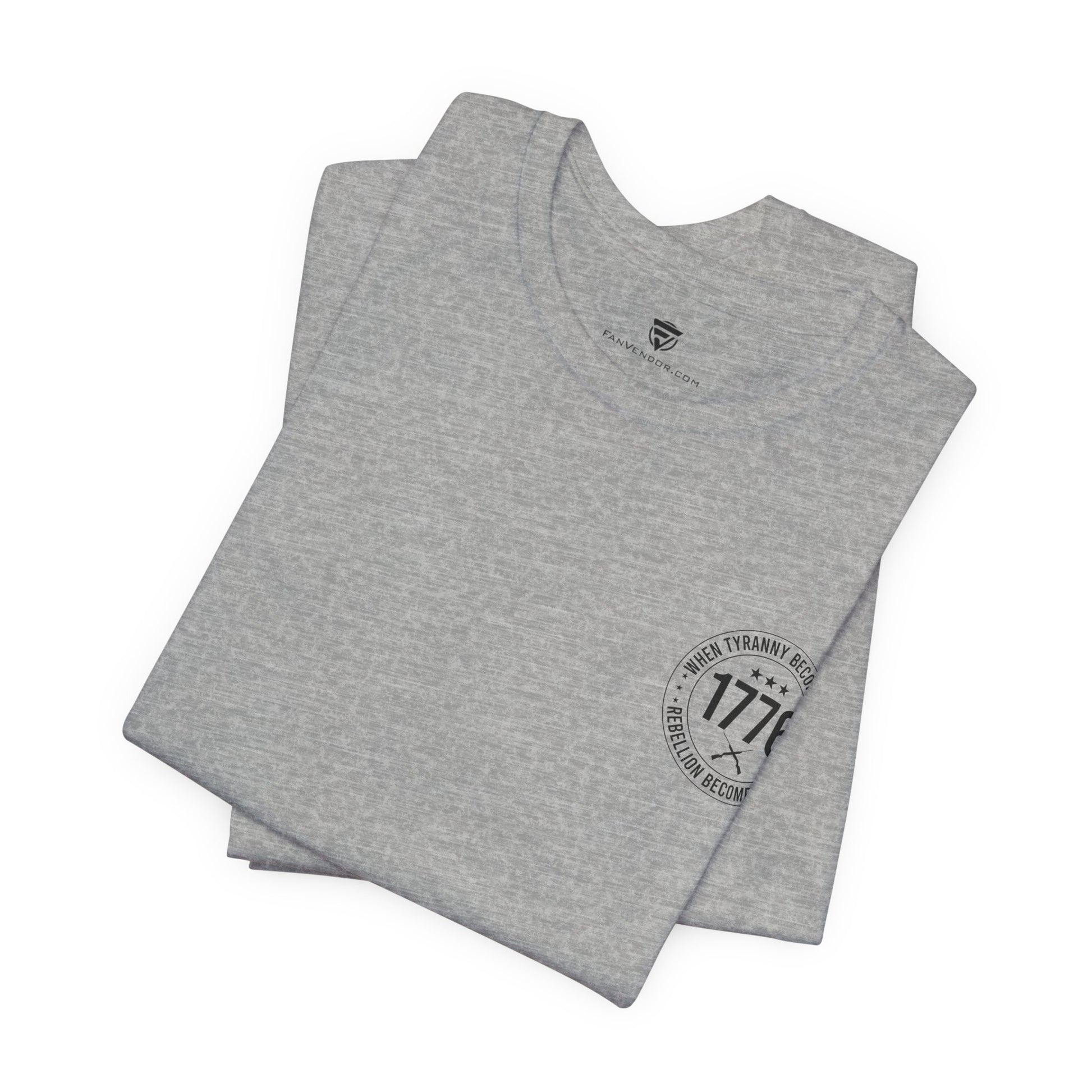 Folded gray t-shirt with '1776' text on a white background