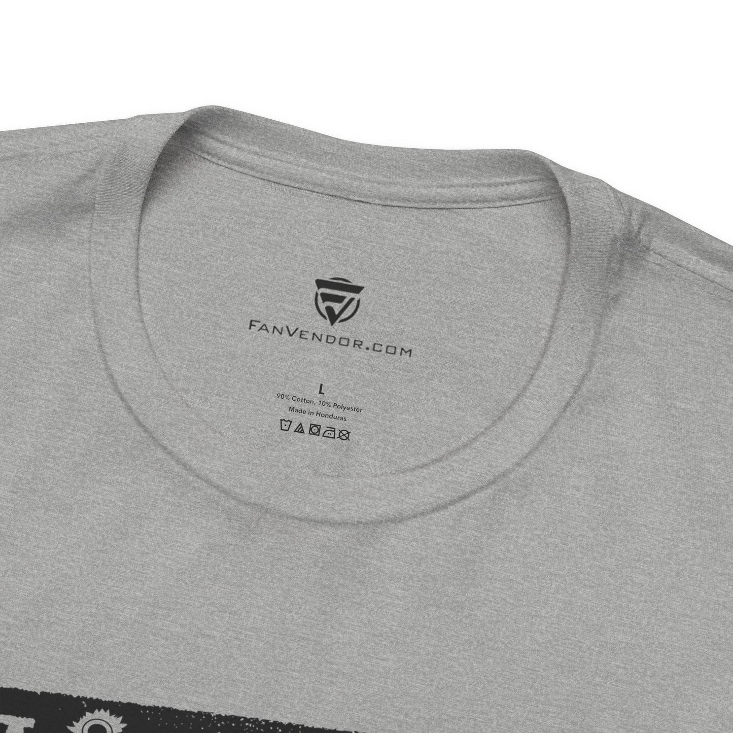 Gray t-shirt with Fanvendor.com logo and text on the collar area.