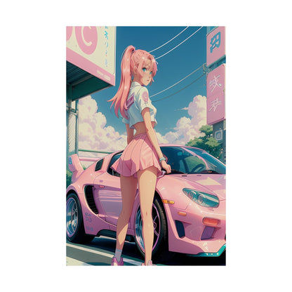Illustration of a character with pink hair standing next to a pink sports car in an urban setting.