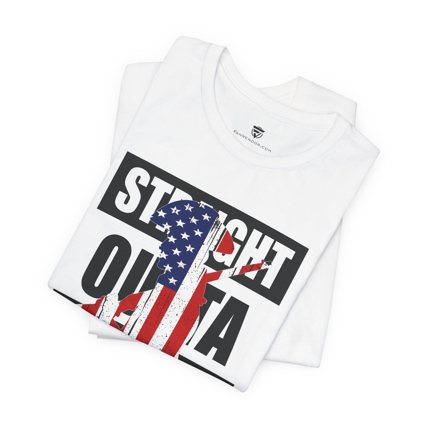 White t-shirt with graphic design featuring an American flag and text on a white background