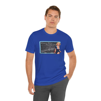 Man wearing a blue t-shirt with a graphic design on a white background