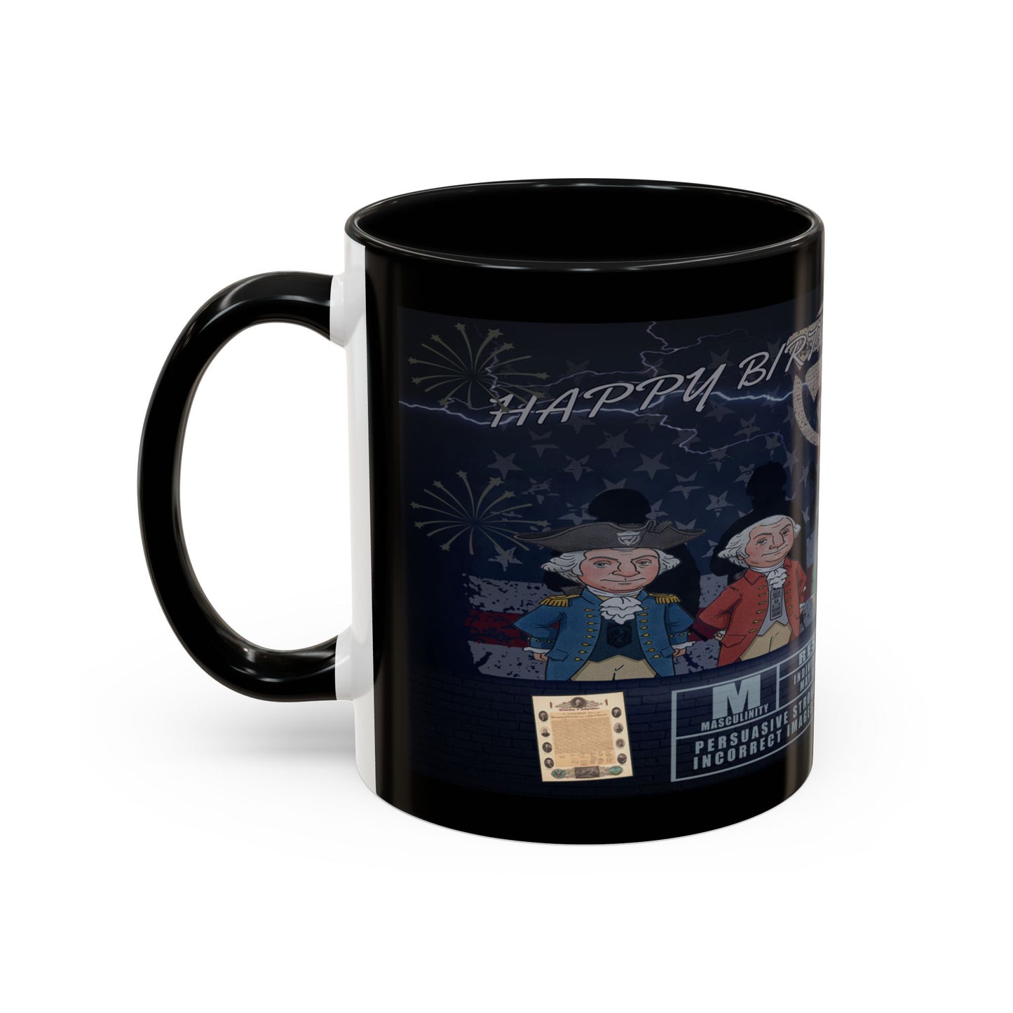 Black mug with historical figures design and 'Happy Birthday' text on a white background