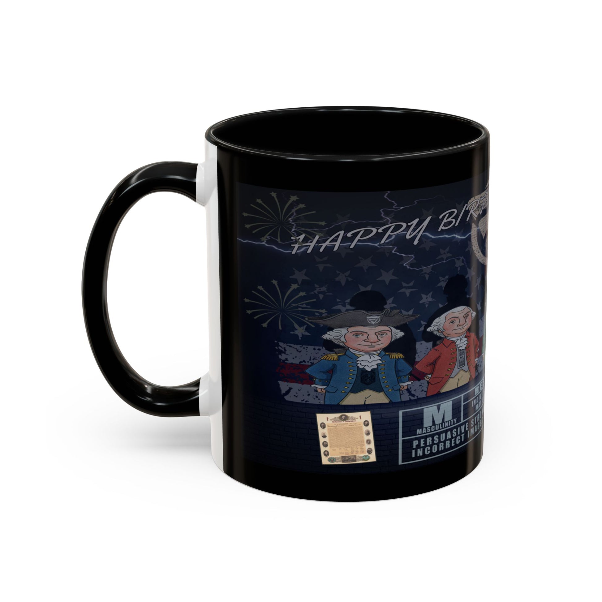 Black mug with historical figures design and 'Happy Birthday' text on a white background