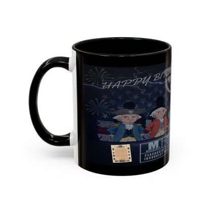 Black mug with historical figures design and 'Happy Birthday' text on a white background