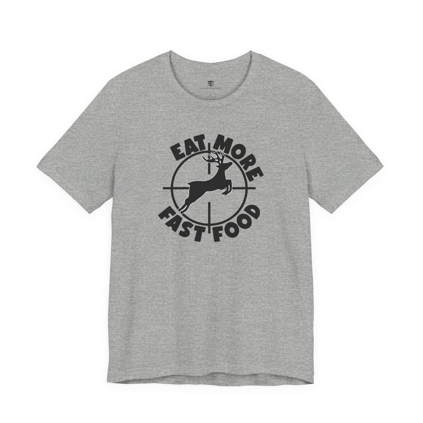 Gray t-shirt with black graphic and text on a white background