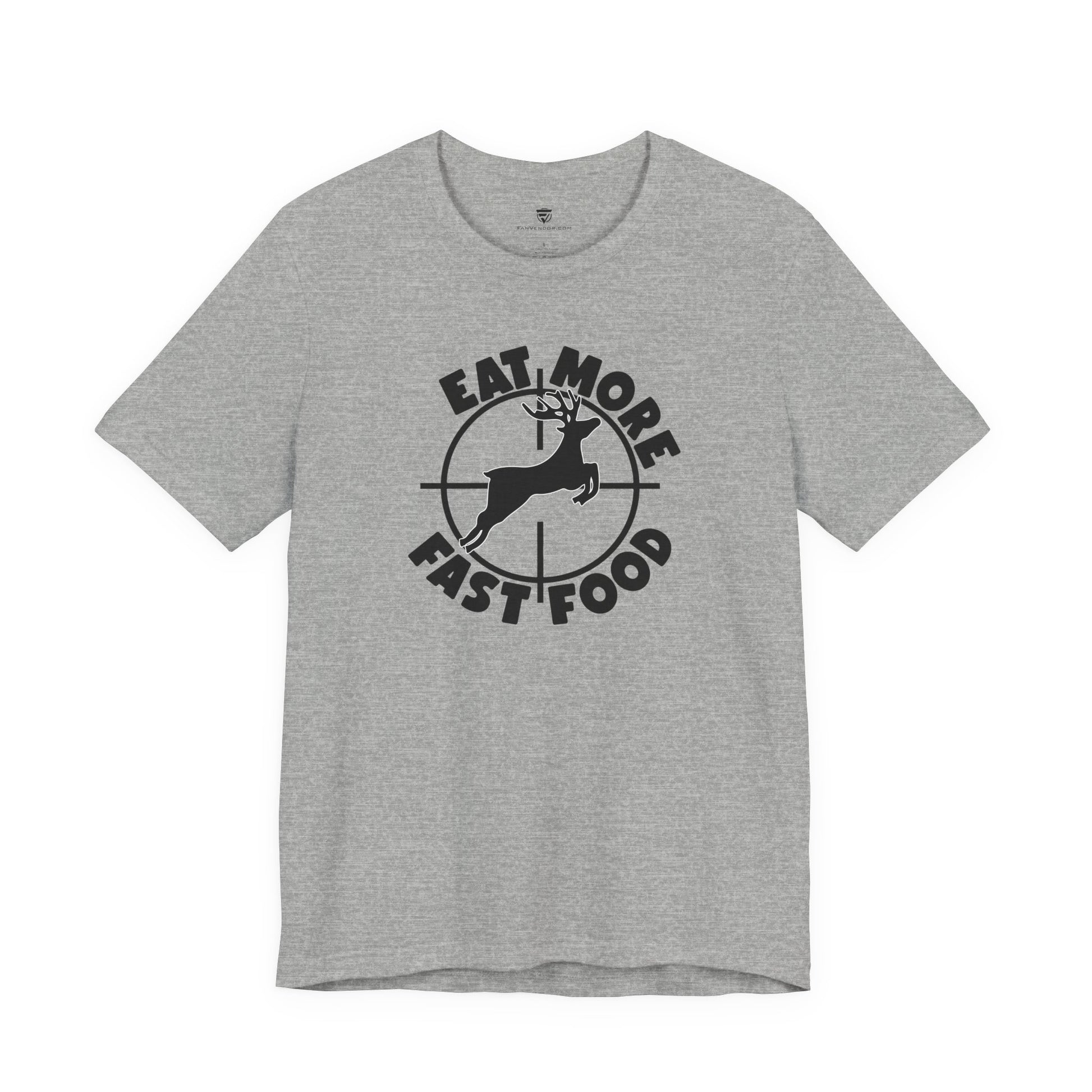 Gray t-shirt with black graphic and text on a white background