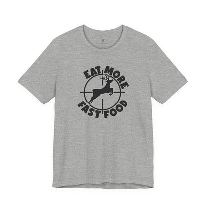 Gray t-shirt with black graphic and text on a white background