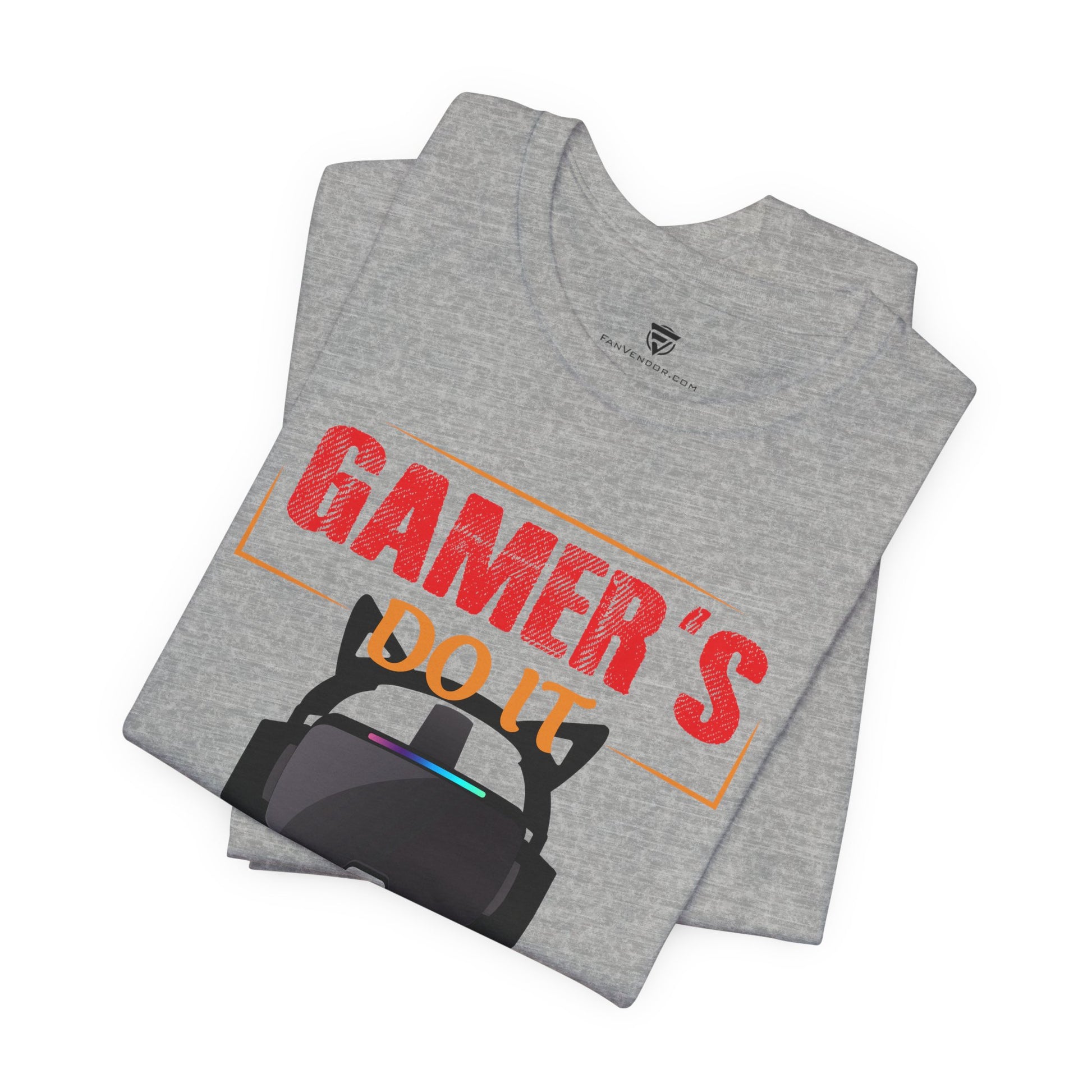 Gray t-shirt with 'GAMER'S DO IT' text and gaming headset graphic on a white background