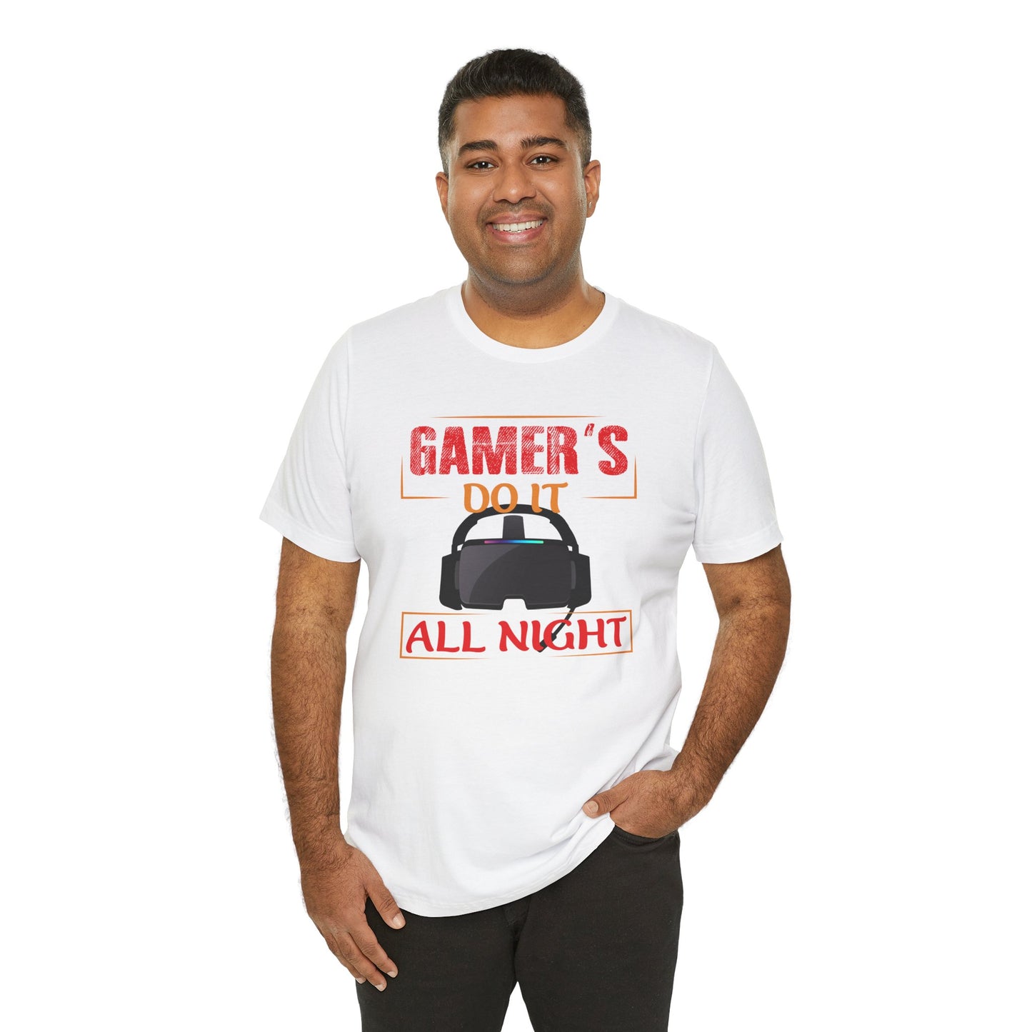 Man wearing a white t-shirt with a graphic design on a white background