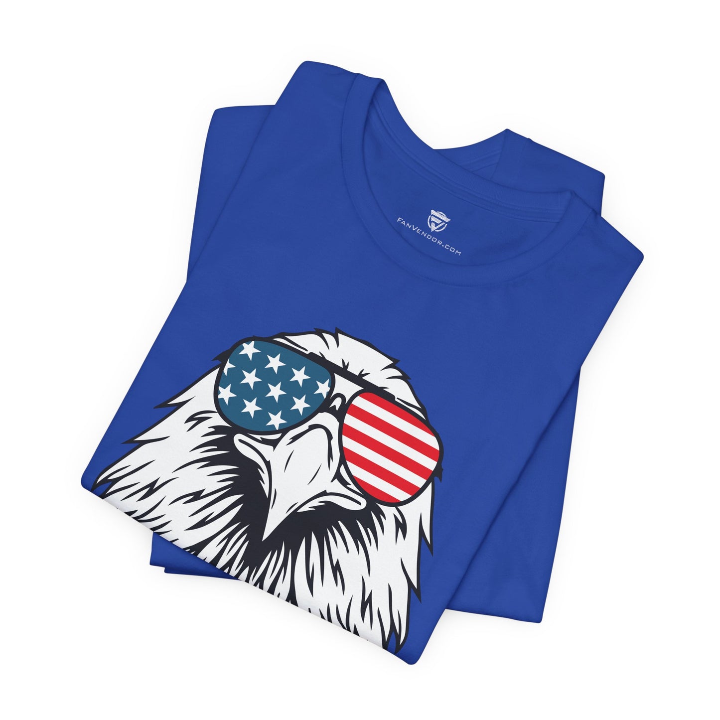 Blue t-shirt with an eagle wearing American flag sunglasses design on a white background
