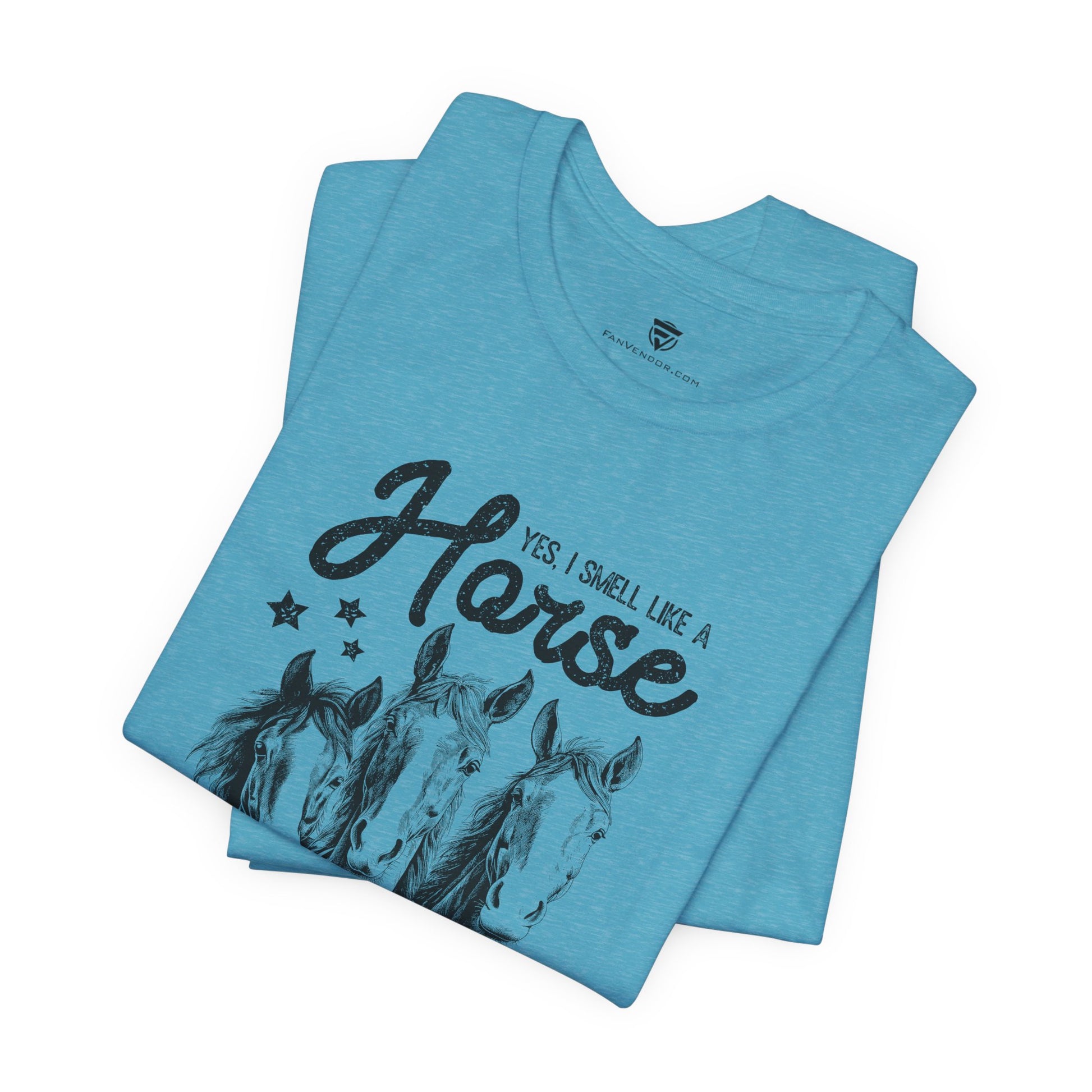 Blue t-shirt with 'Yes, I Smell Like a Horse' text and horse illustrations 