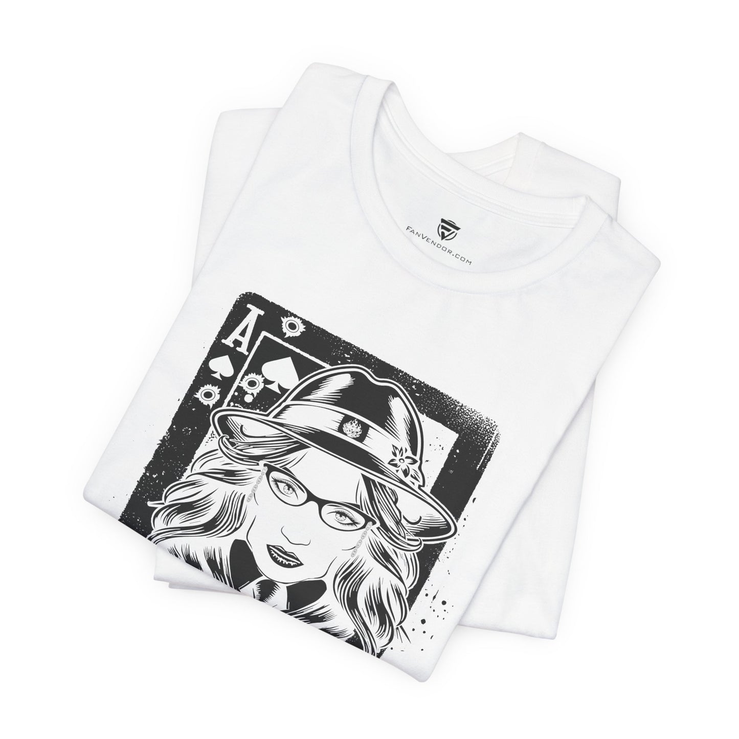 White t-shirt with black graphic design of a person wearing a hat and glasses on a white background