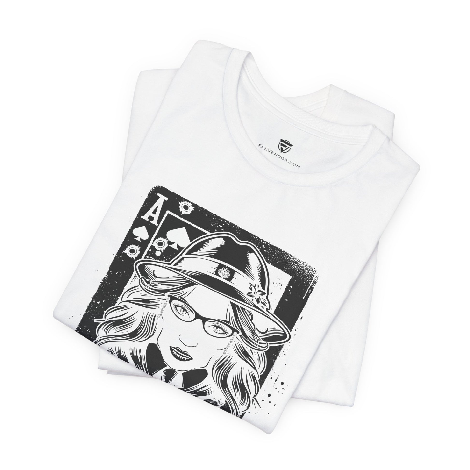 White t-shirt with black graphic design of a person wearing a hat and glasses on a white background