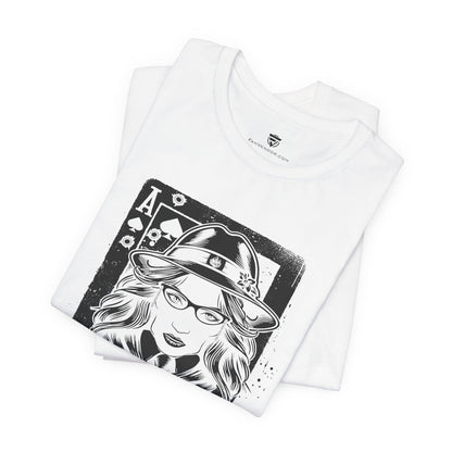 White t-shirt with black graphic design of a person wearing a hat and glasses on a white background