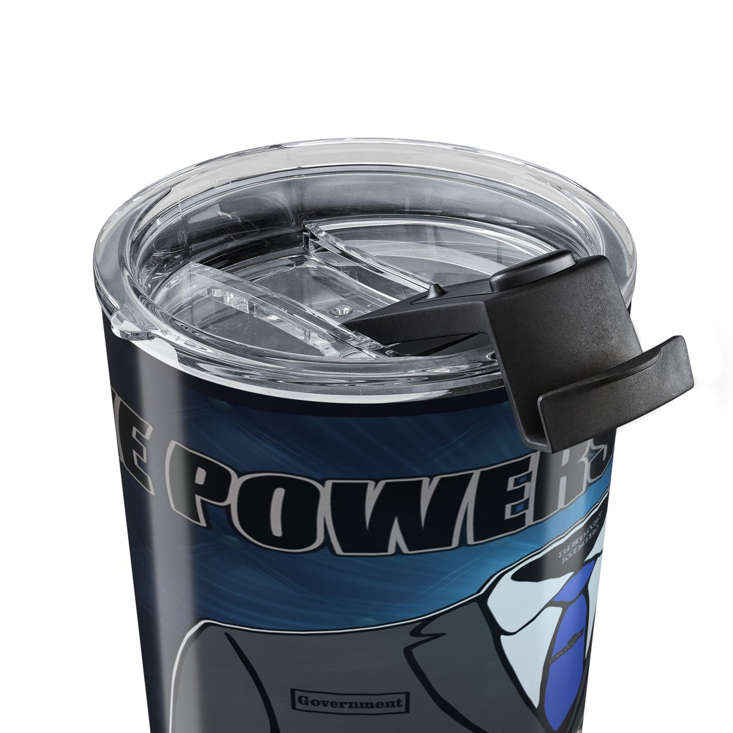 Close-up of a clear insulated tumbler with a black lid and carry loop, featuring a dark blue and black printed graphic with the word 'POWER' and a small 'Government' label.