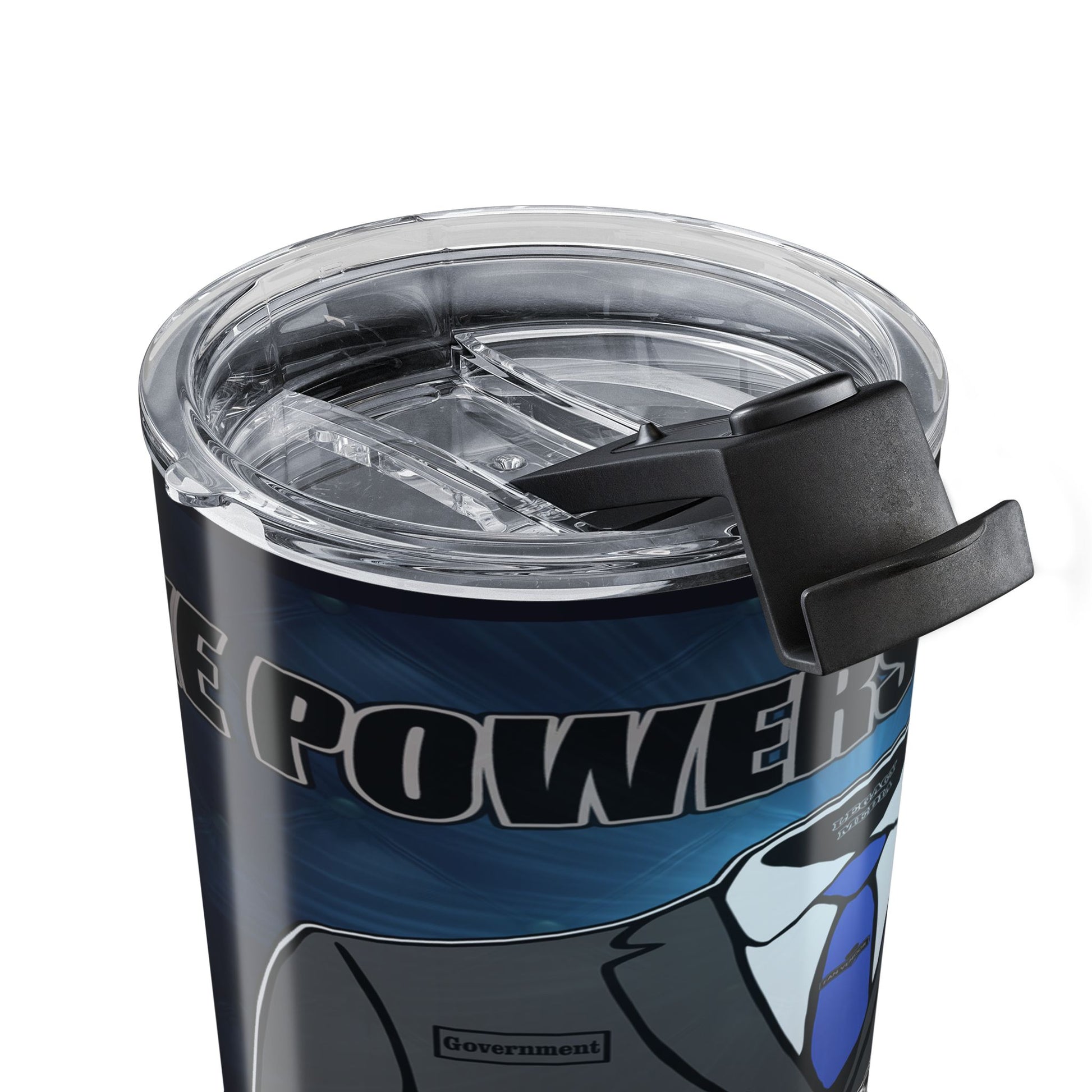 Close-up of a clear insulated tumbler with a black lid and carry loop, featuring a dark blue and black printed graphic with the word 'POWER' and a small 'Government' label.