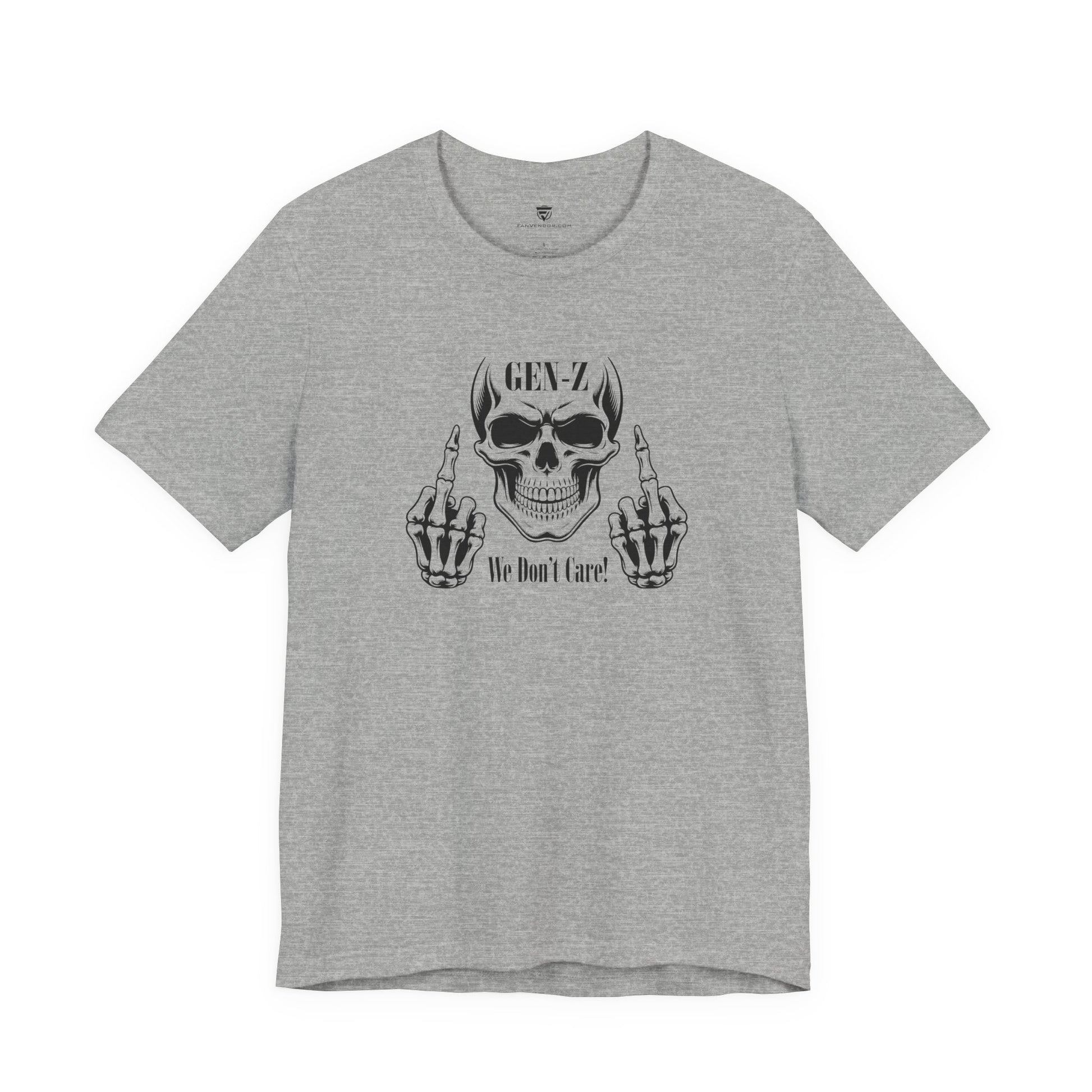 Gray t-shirt with skull and skeleton hand design on a white background