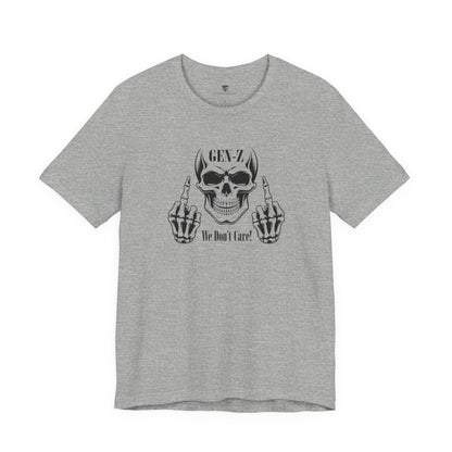 Gray t-shirt with skull and skeleton hand design on a white background
