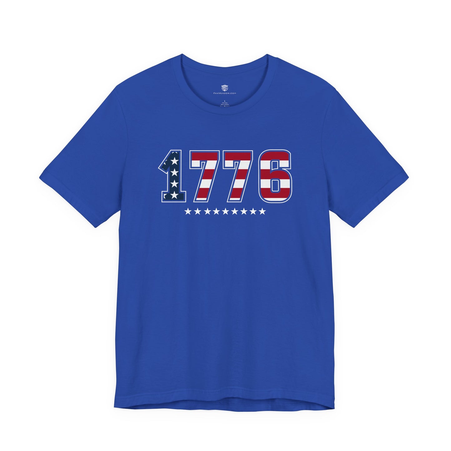 Blue t-shirt with '1776' design on a white background