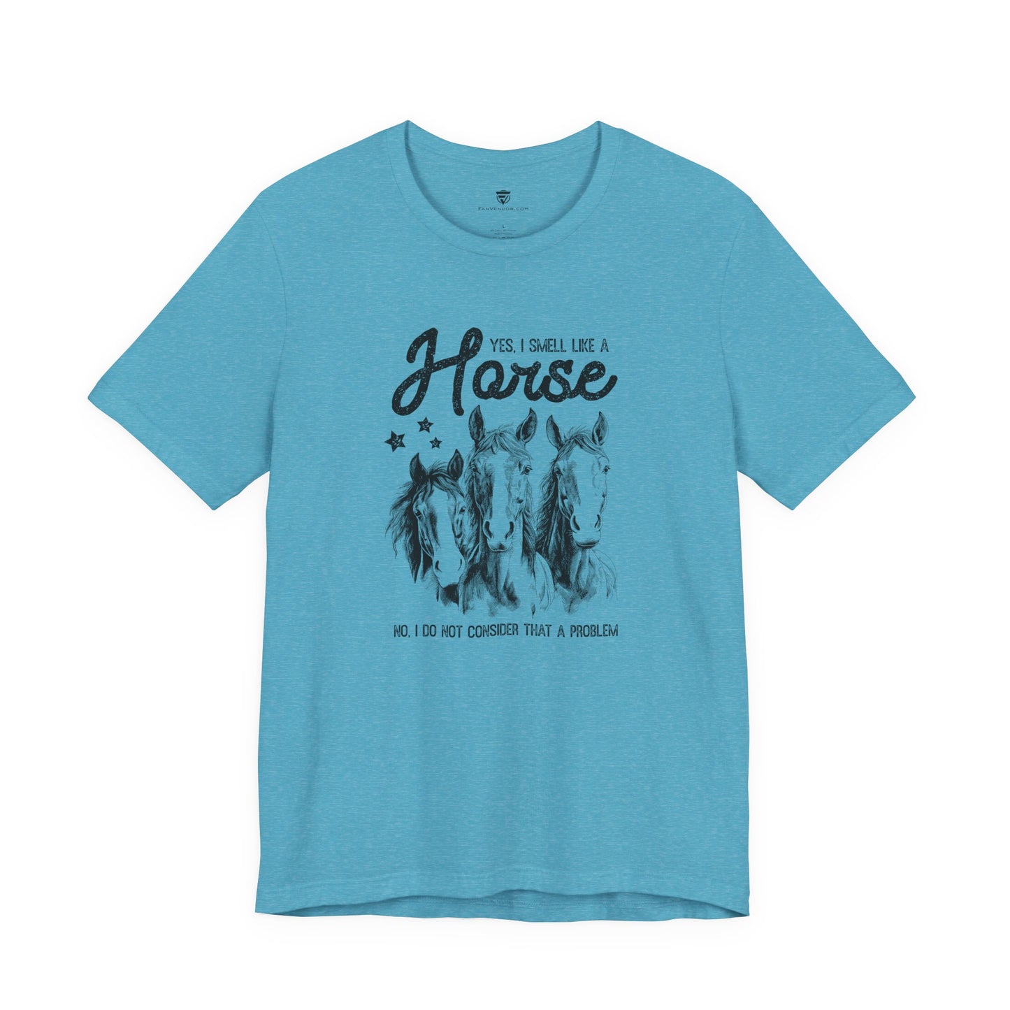 Blue t-shirt with horse graphic and text 