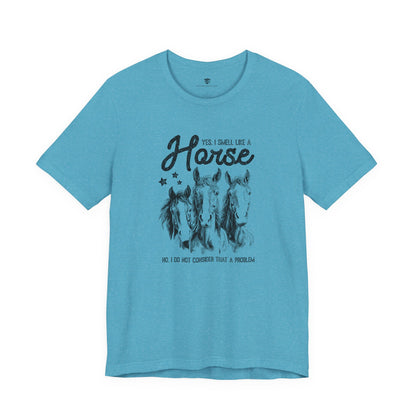 Blue t-shirt with horse graphic and text 