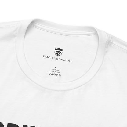 Close-up of a white t-shirt with 'FanVendor.com' branding on the collar.