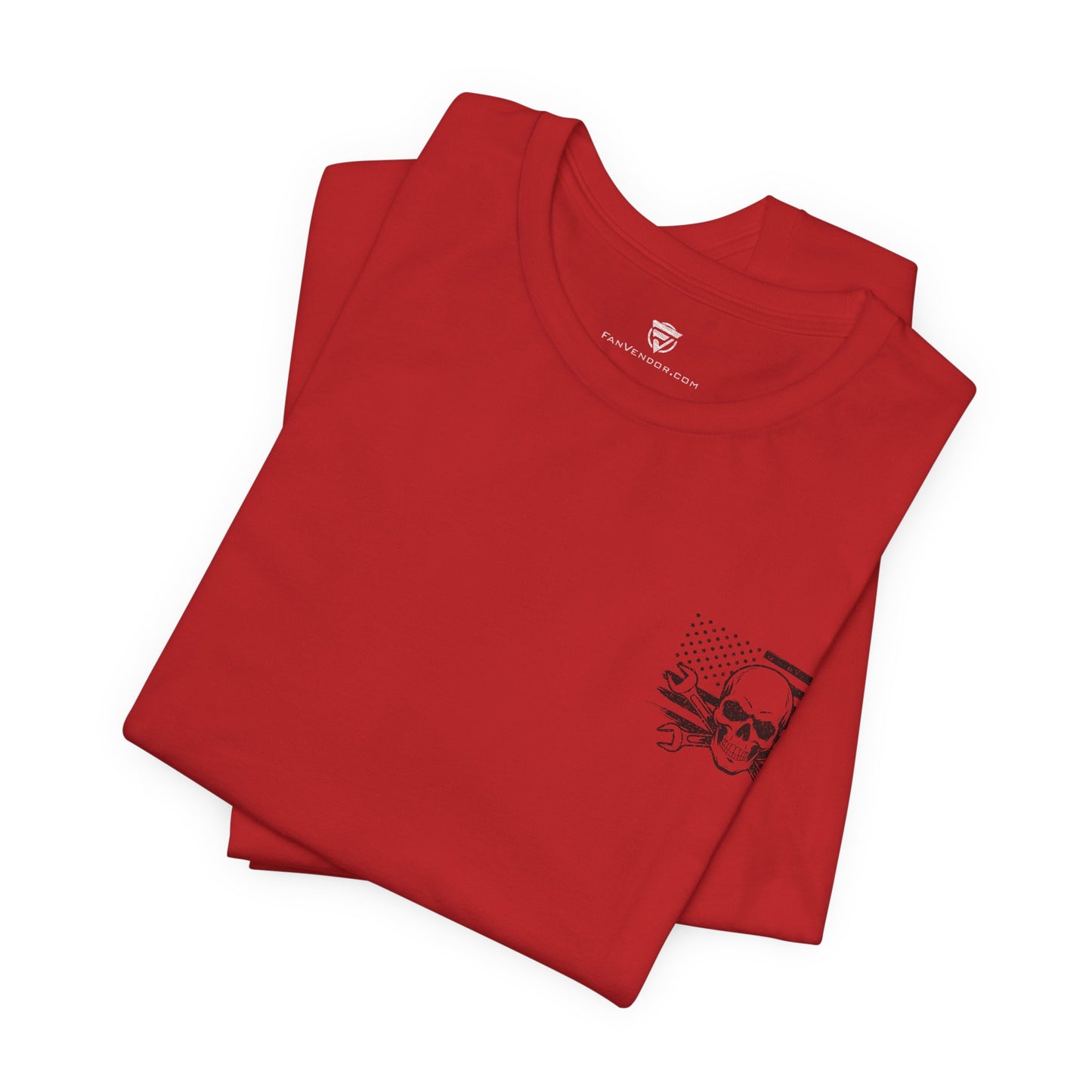 Folded red t-shirt with a black graphic design on a white background