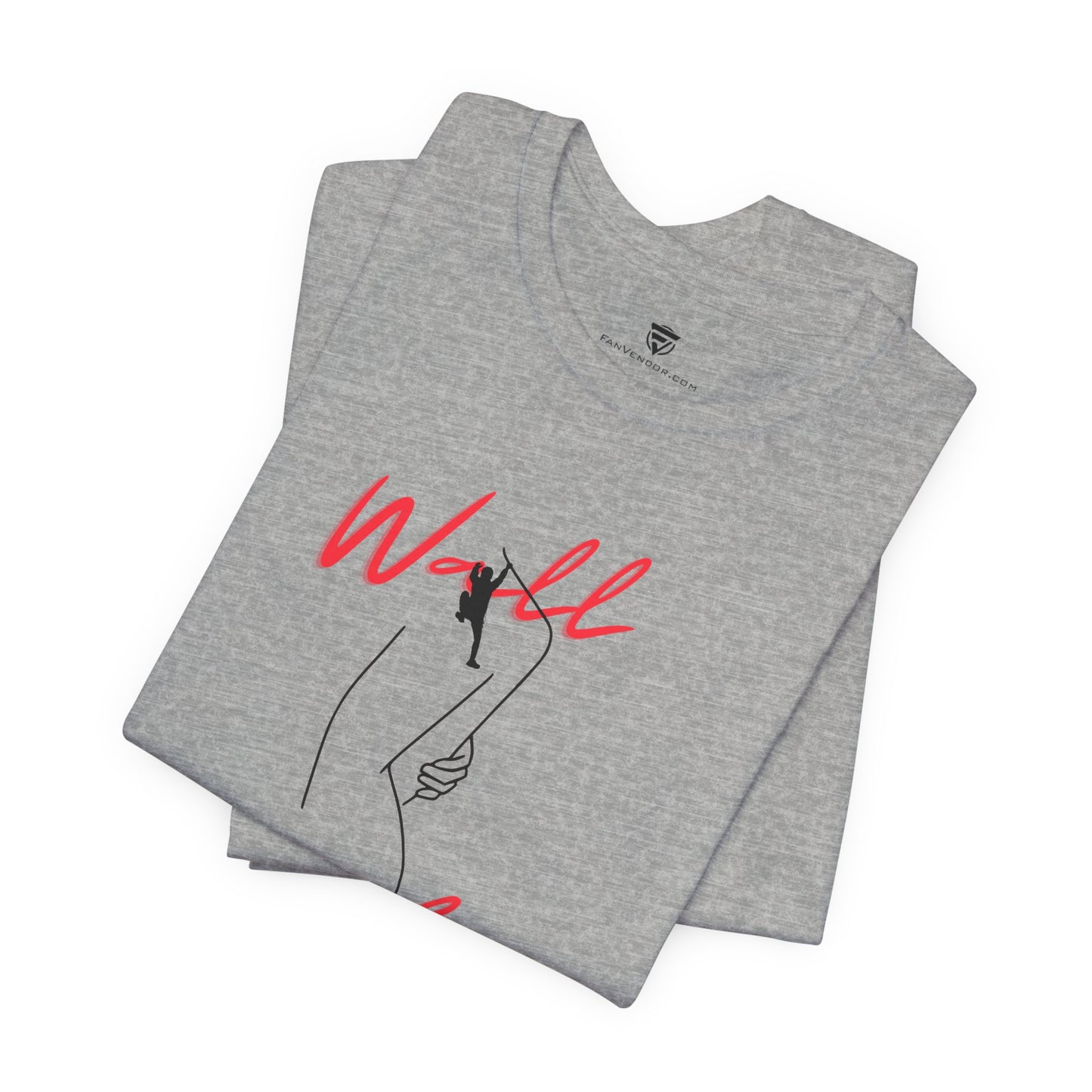 Gray t-shirt with red and black graphic design on a white background
