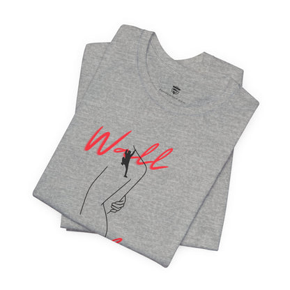 Gray t-shirt with red and black graphic design on a white background