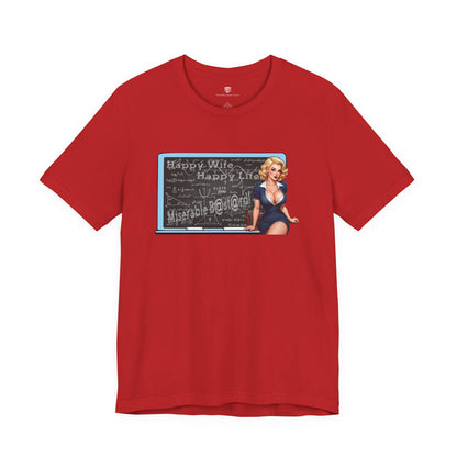 Red t-shirt with a graphic design featuring a woman in a blue dress on a white background