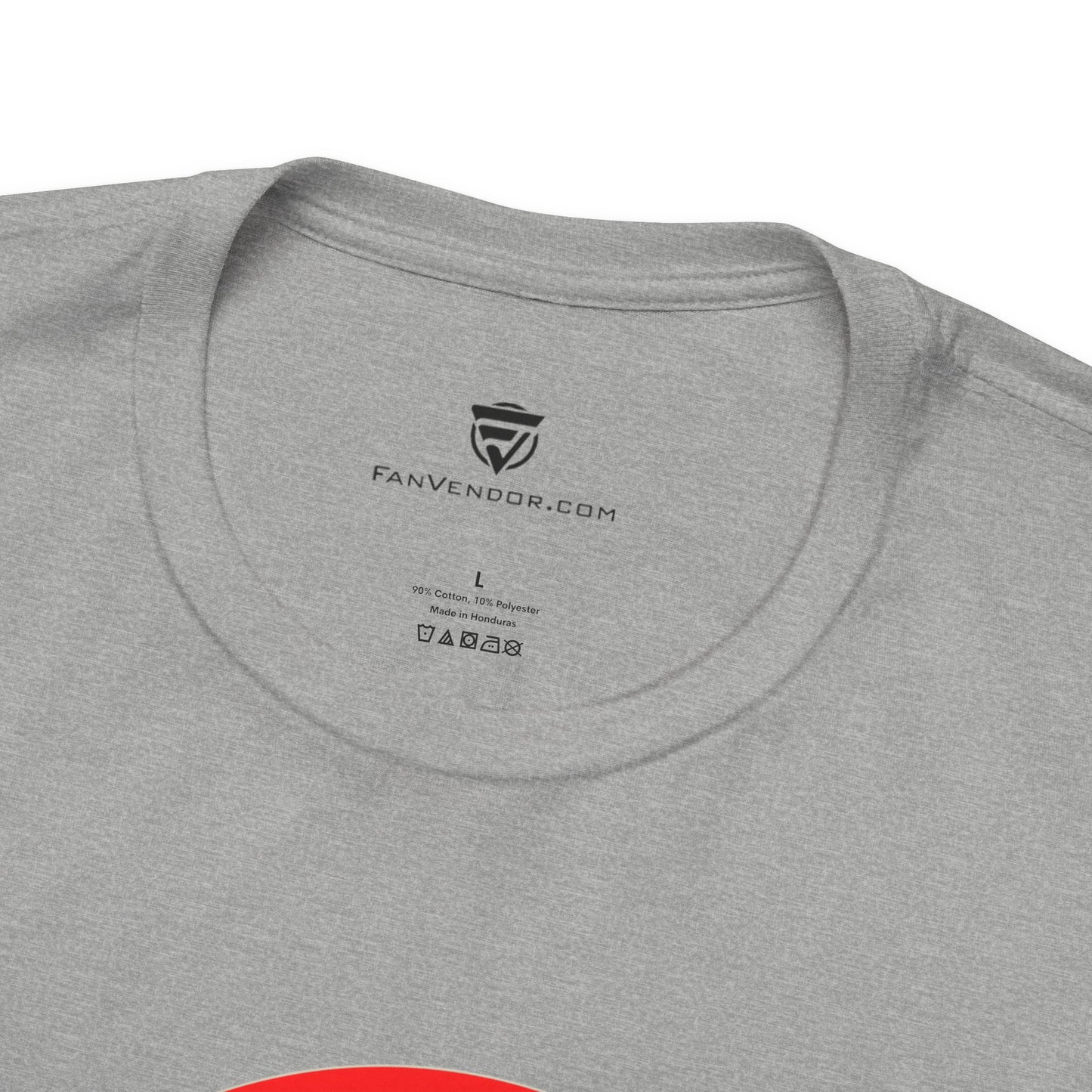 Gray t-shirt with 'Fanvendor.com' logo and text on the collar.